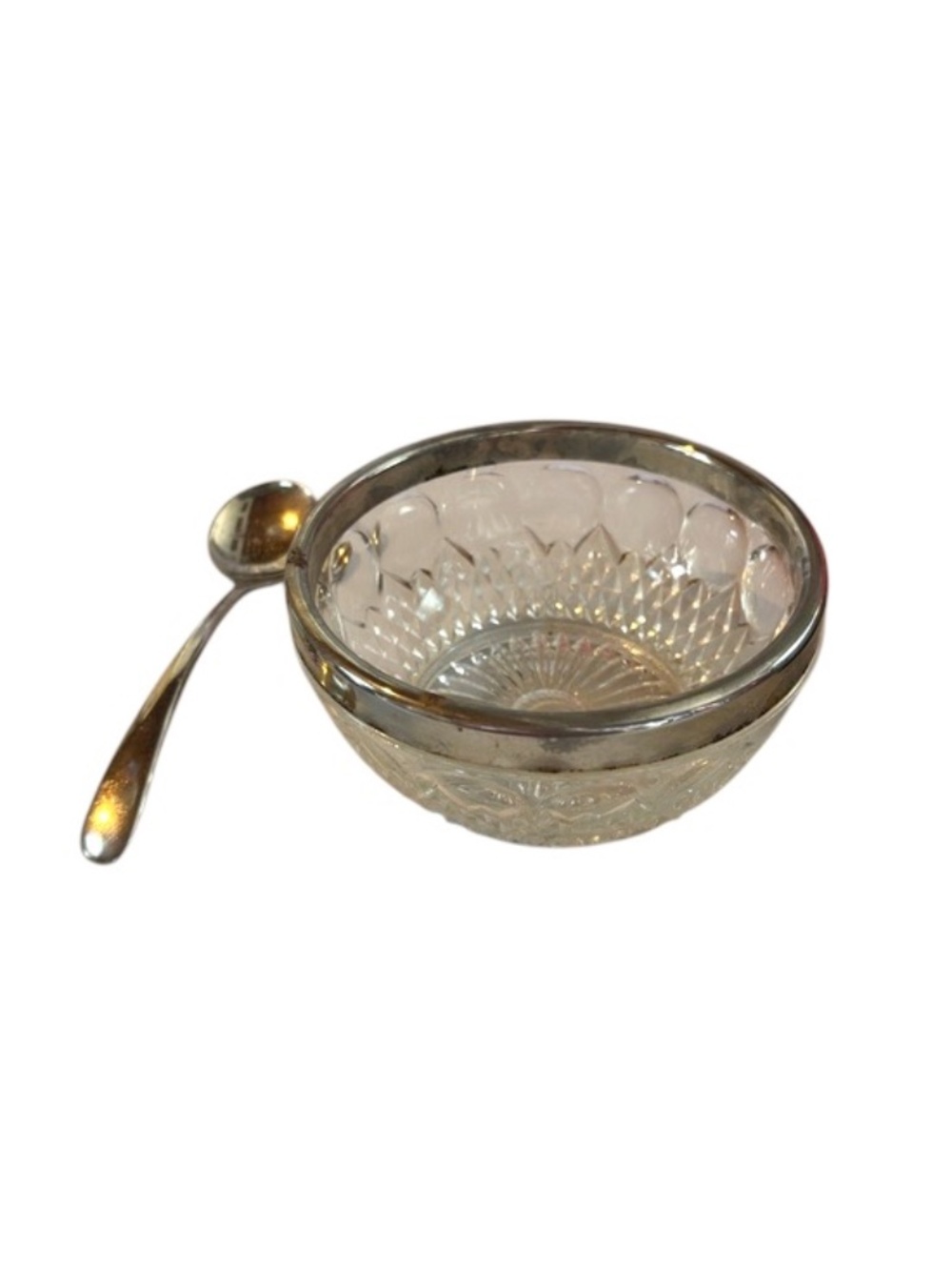 Vintage Cut Crystal Condiment/Sugar Bowl w/ Silver Plated Rim & Matching Spoon